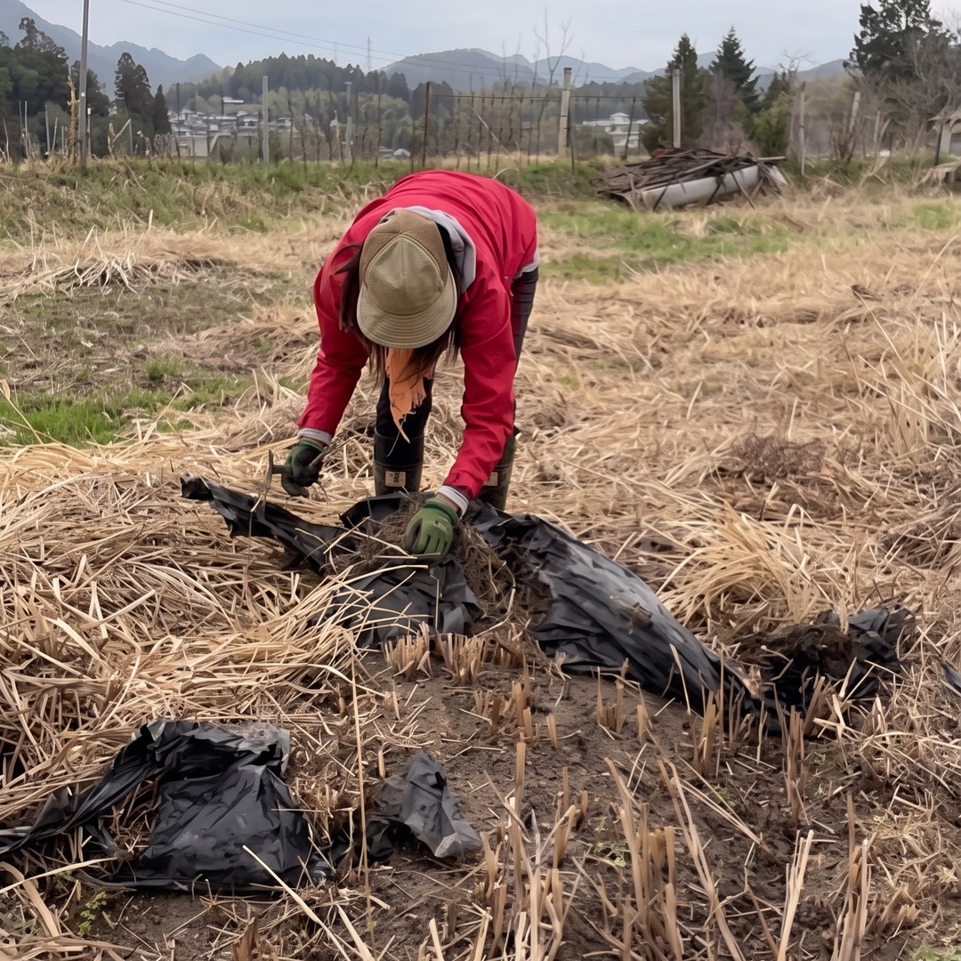耕作放棄地に埋もれたマルチを手作業で剥がす様子