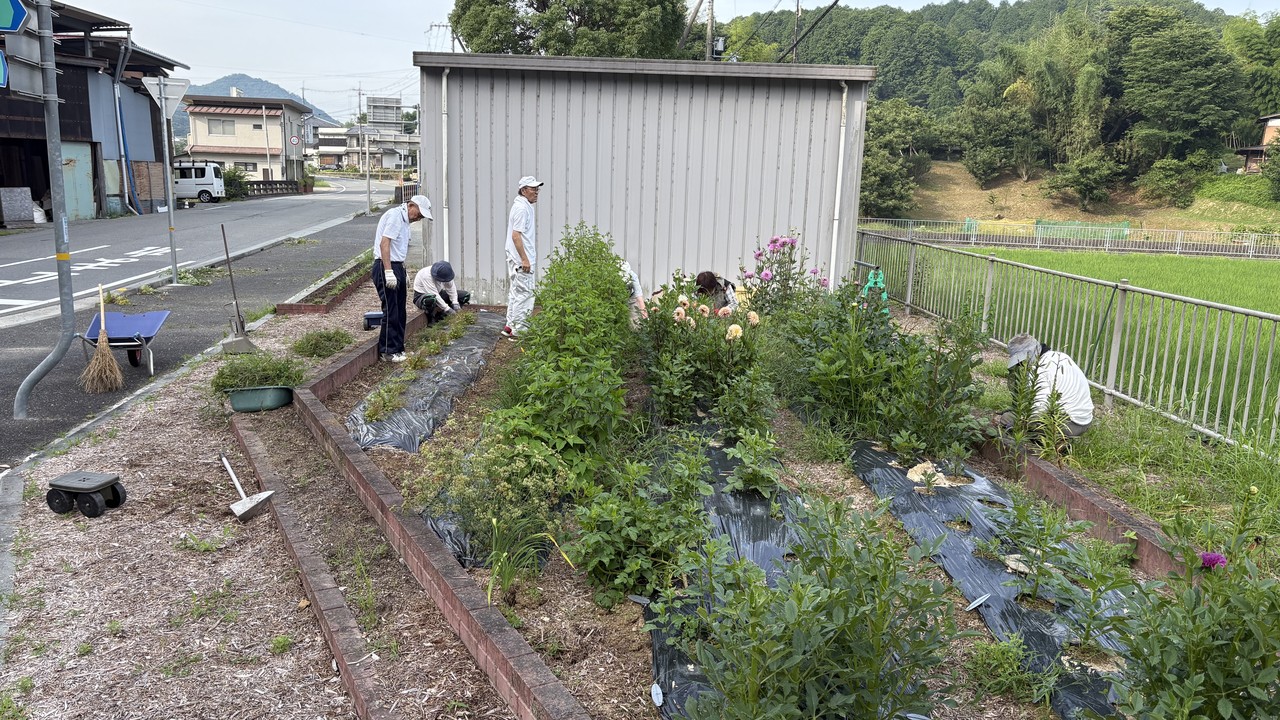 北摂里山街道沿いの花壇でみんなで除草作業をする参加者たち