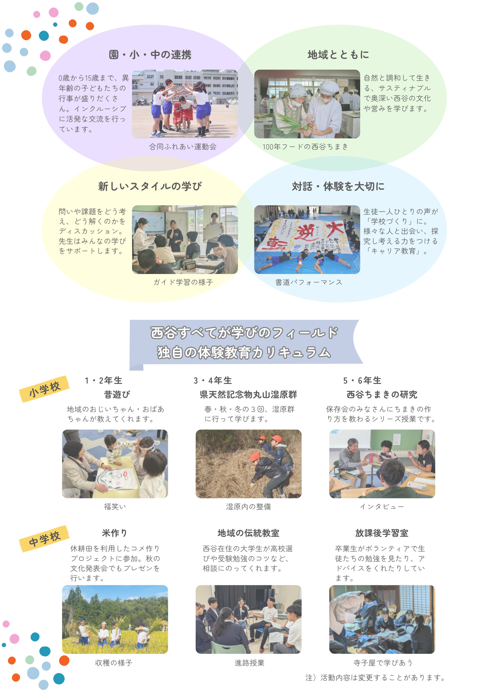 西谷小・中学校の体験教育カリキュラムを紹介するチラシ